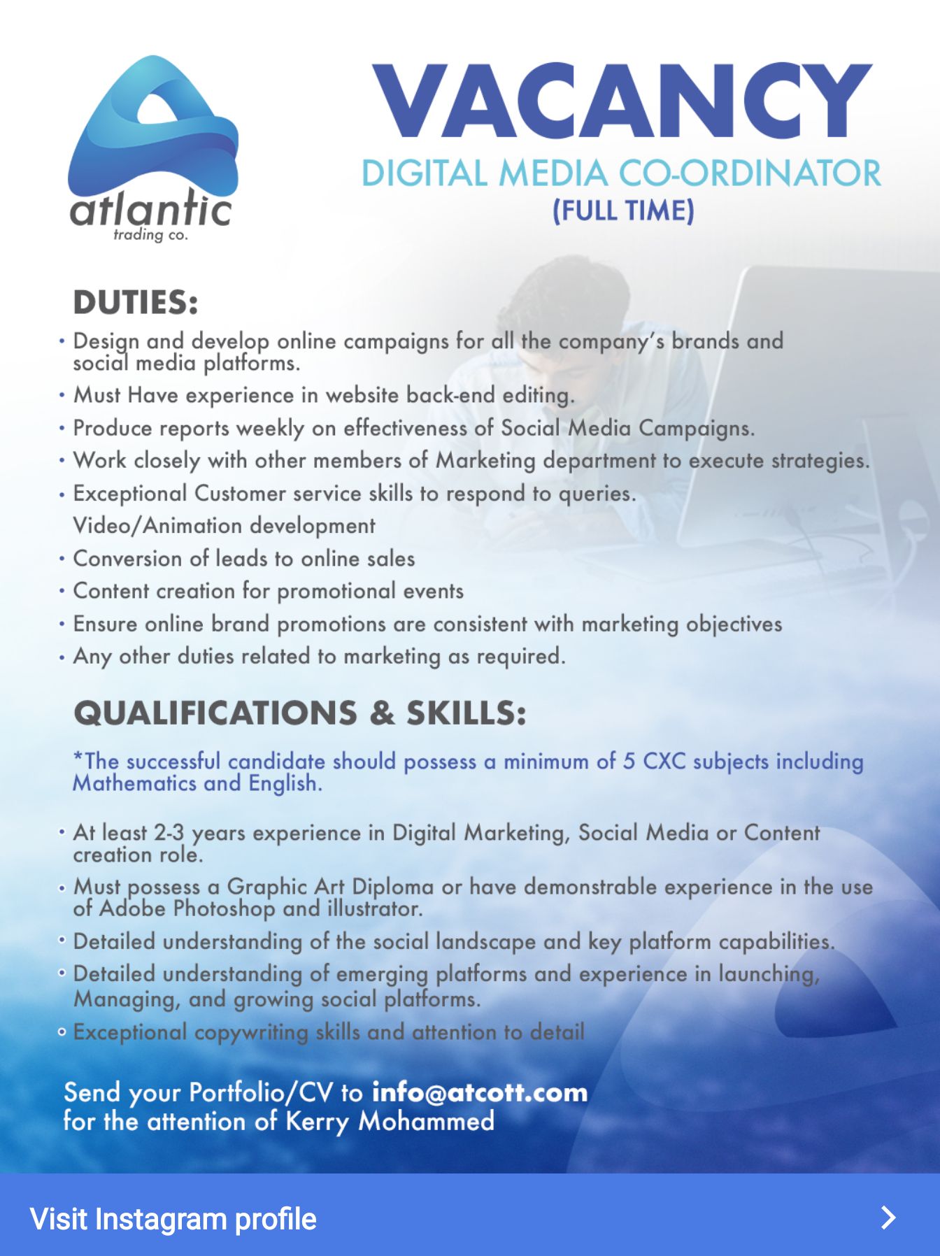 Atlantic trading digital media co-ordinator vacancy