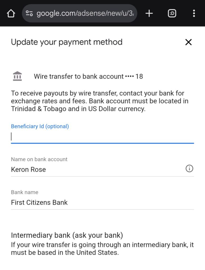adding caribbean bank account to Ad Sense