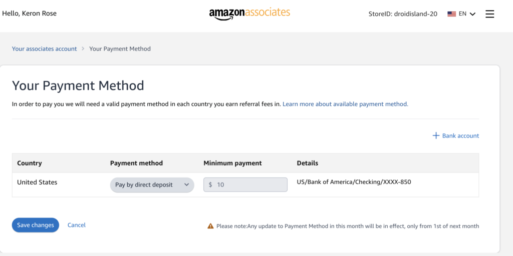 amazon associates connected to bank of america