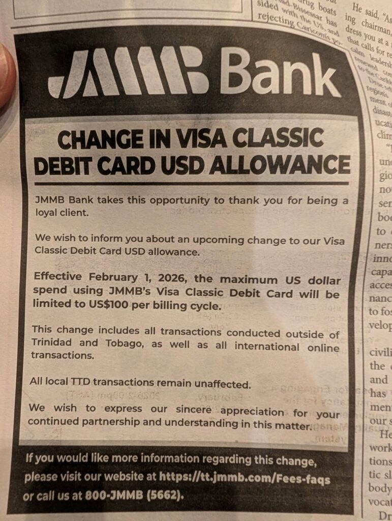 JMMB Trinidad and Tobago USD allocation reduction